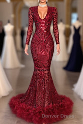 Amazing Sequins V-neck Long Sleeve Mermaid Prom Dresses